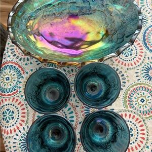 Indiana Iridescent Glass Bowl and Teal Glass Set